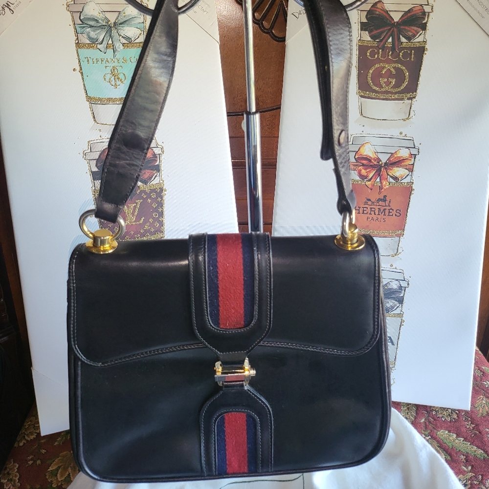 Gucci Blue Leather Shoulder Bag with Red and Blue Stripe